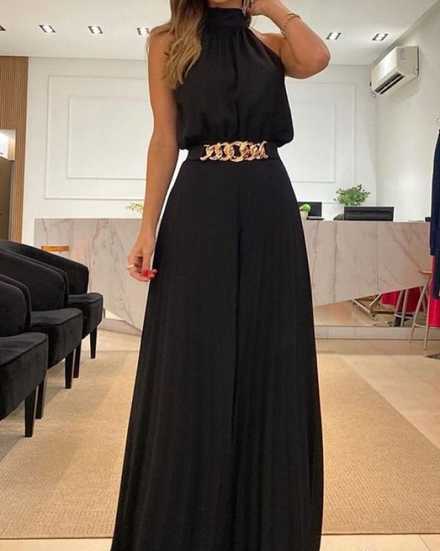 New Elegant Round Neck Solid Color Waist Loose Pleated Dress