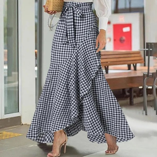 Women's Plaid Mermaid Skirt Ruffled Irregular Hem High Waist Casual Umbrella Wrap Maxi Skirt