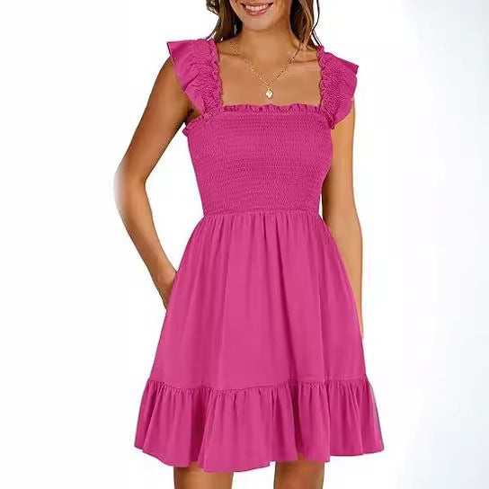 Women's Sleeveless Square Collar Pleated Backless Short Mini Dress