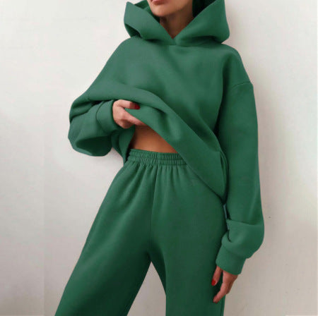Fashion Leisure Hooded Sweater Two-piece Long Sleeve Solid Color Fleece Shrink Foot Casual Suit