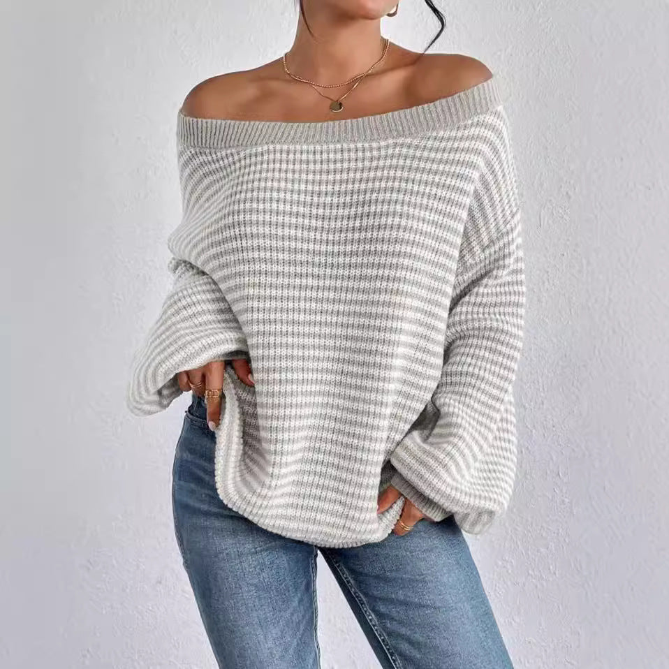One-Neck Sweater All-Match Loose Contrast Striped Lantern Sleeve Lazy Women's Pullover Sweater