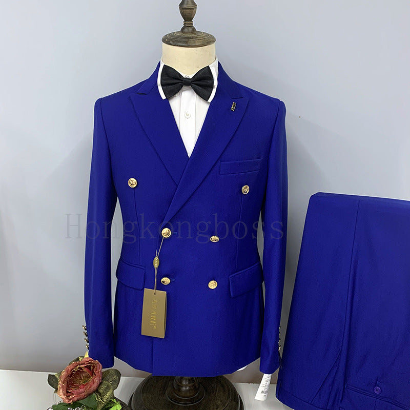 Foreign Trade Popular Men&amp;#039;s Suit Two-piece Golden Double-breasted Flat Lapel Large Size Suit Light Business Four Seasons Spot