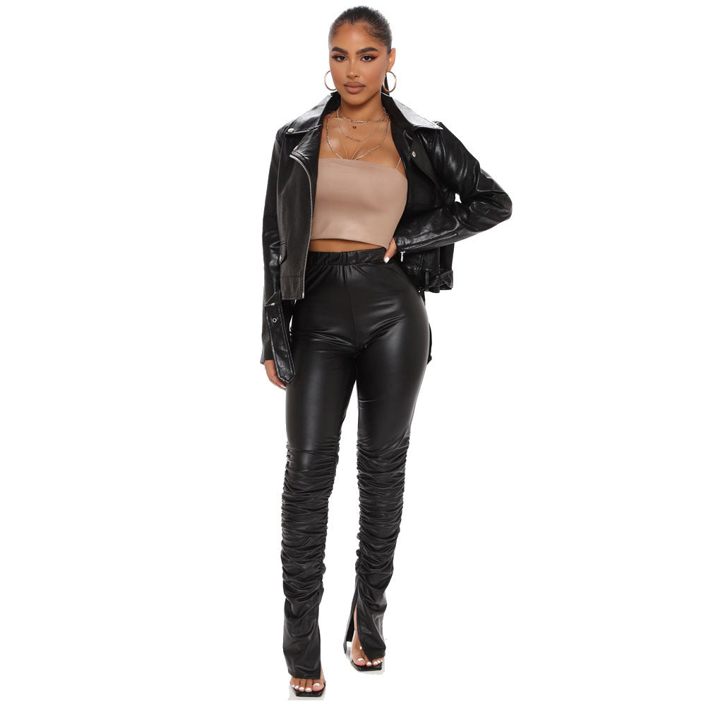 Fashion Sexy Tight Pleated High Waist Stretch Split PU Leather Pants