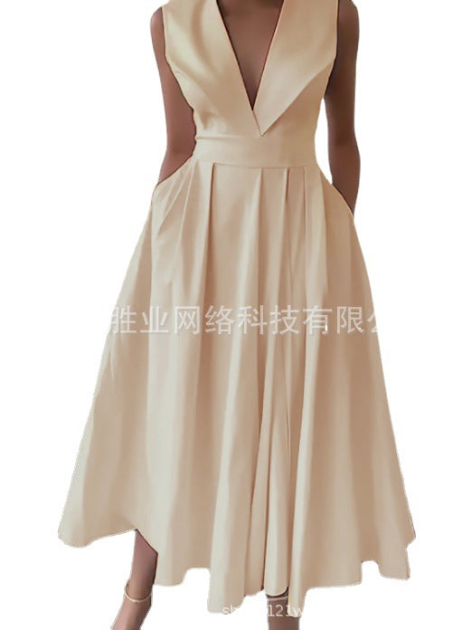 Summer Sleeveless Waist Slip Pocket Large Swing Mid-length Dress
