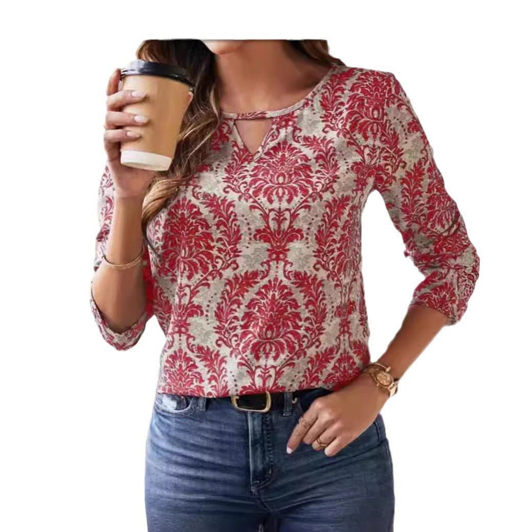 Round Neck Temperament Tops, Loose Casual Retro Long-sleeved Printed T-shirts For Women