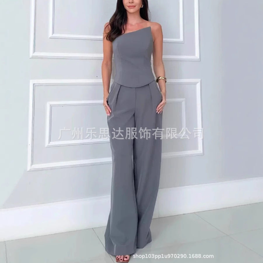 Women's Clothing High Waist Elegant Strapless Short Top High Waist Pocket Wide Leg Pants Suit Women