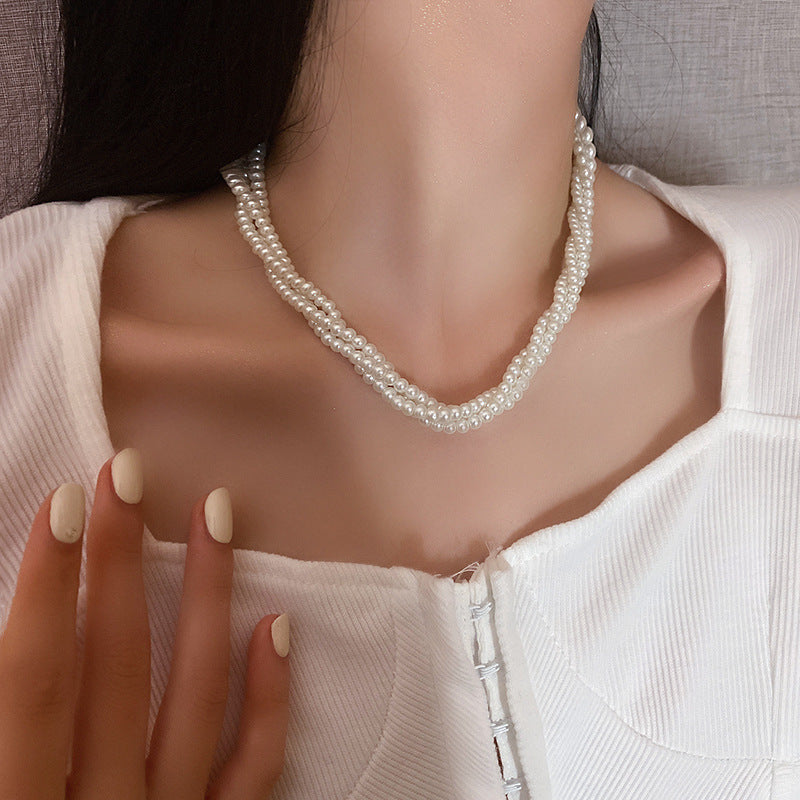 Retro Multi-layer Winding Imitation Pearl Necklace European And American Ins Elegant Simple Choker Fashion Niche Clavicle Chain Women