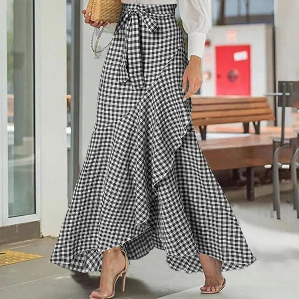 Women's Plaid Mermaid Skirt Ruffled Irregular Hem High Waist Casual Umbrella Wrap Maxi Skirt