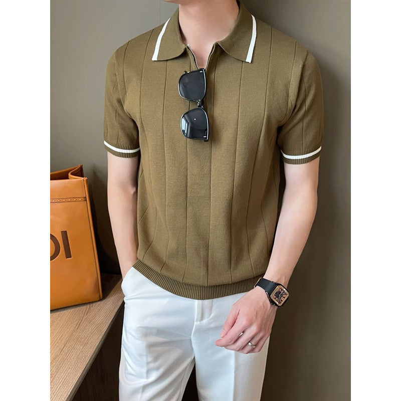 Short-Sleeved Lapel Casual Knitwear, Simple Small Fragrant Style Concave And Convex Stripesd Half-Zip Trendy Men's Polo Shirt