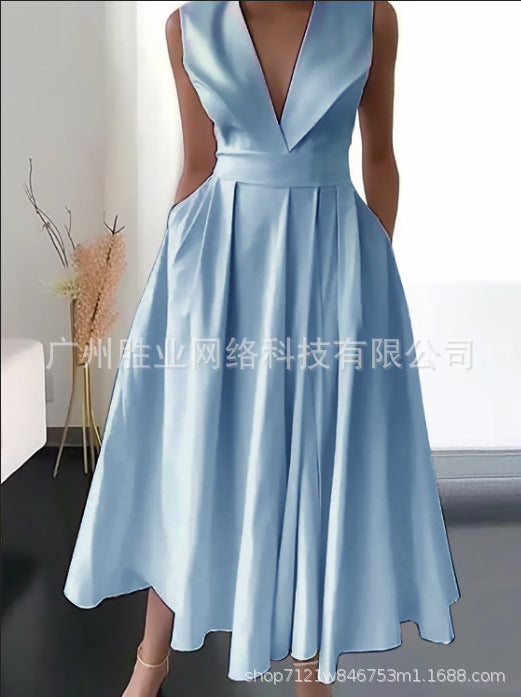 Summer Sleeveless Waist Slip Pocket Large Swing Mid-length Dress