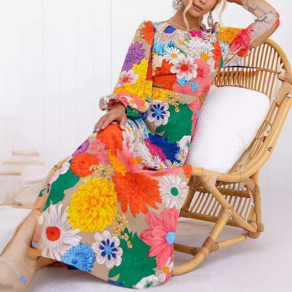 Autumn New Long Sleeve Dopamine Print Lace-up Waist Holiday Street Fashion Dress For Women