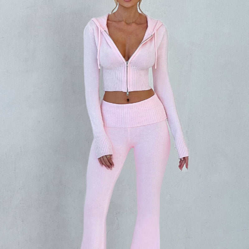 Spring 2025 New European And American Cross-border Solid Color Slim-fit Short Hooded Top Casual Pants Suit Two-piece Set For Women