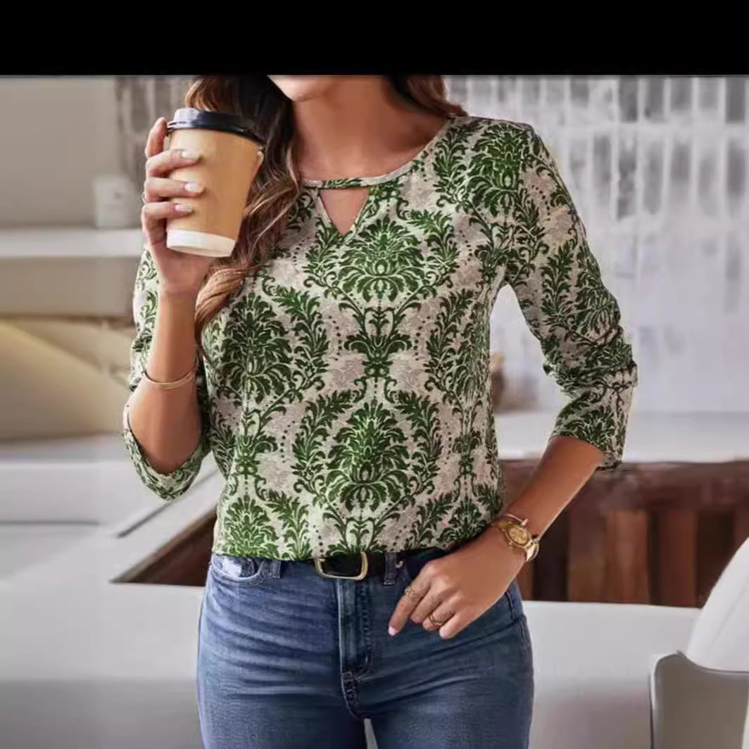 Round Neck Temperament Tops, Loose Casual Retro Long-sleeved Printed T-shirts For Women