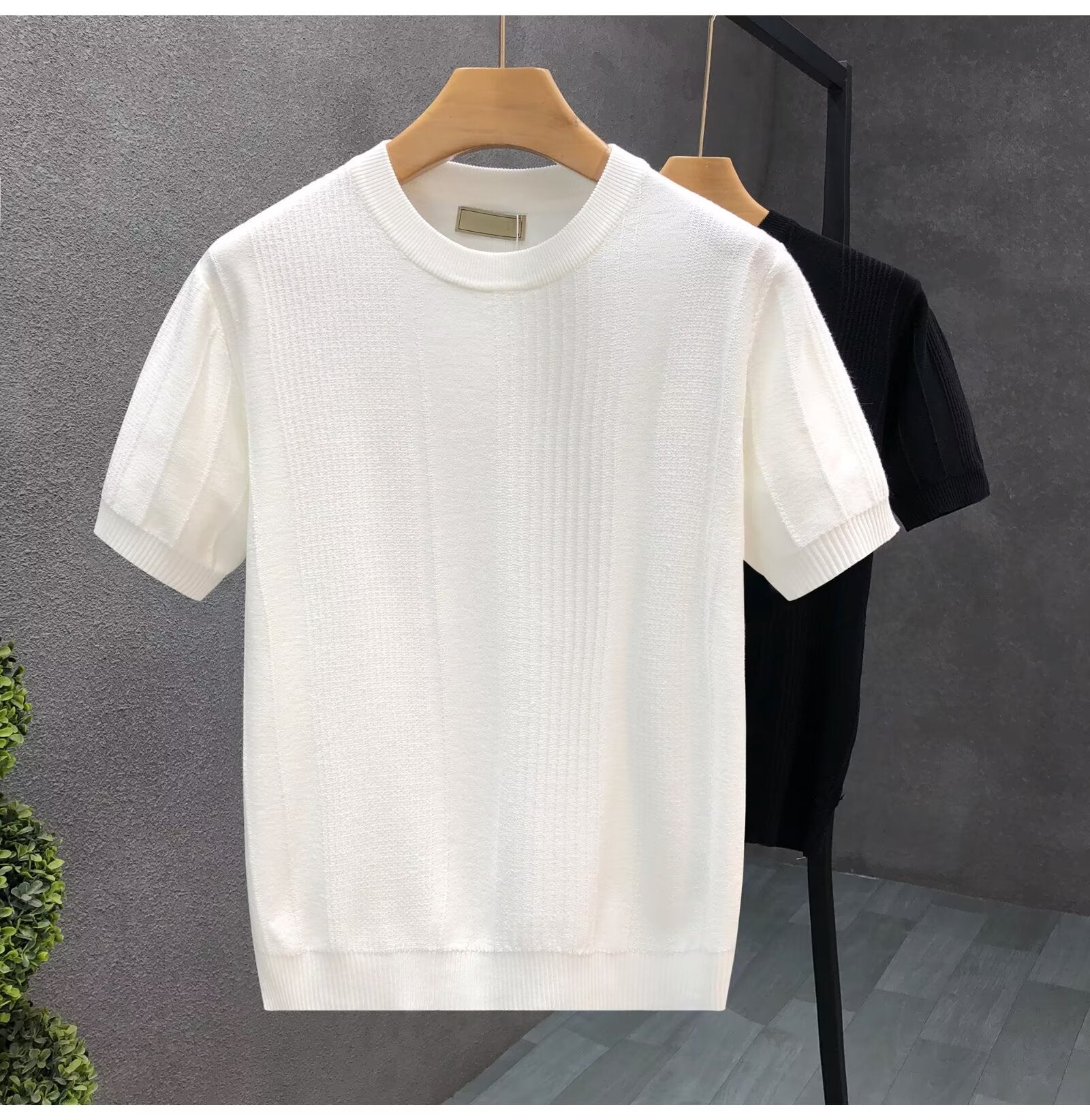 Pure White Jacquard Short Sleeve Sweater Men's Spring And Autumn Thin Bottoming Shirt Men's Fashion Brand Trendy Half Sleeve Sweater