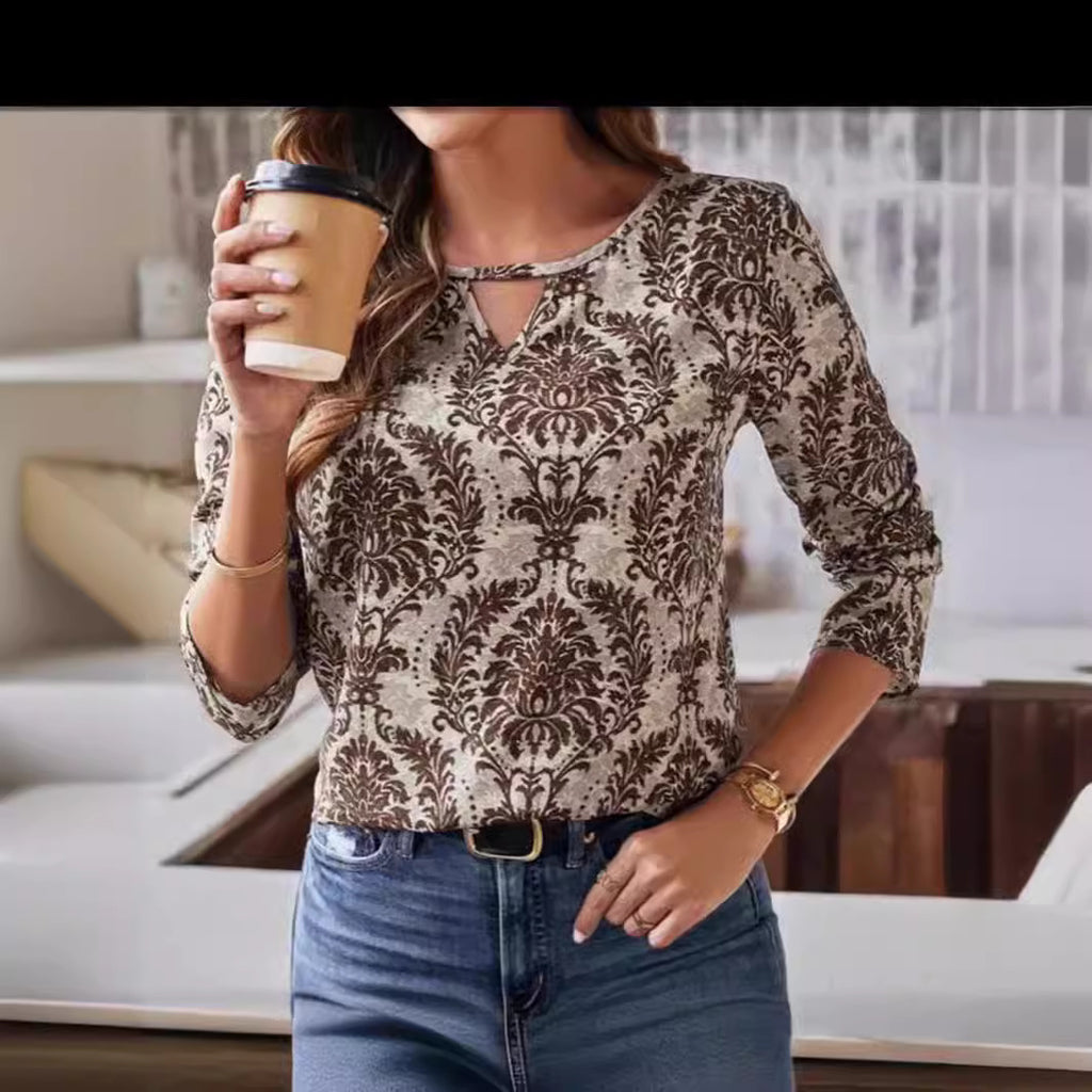 Round Neck Temperament Tops, Loose Casual Retro Long-sleeved Printed T-shirts For Women