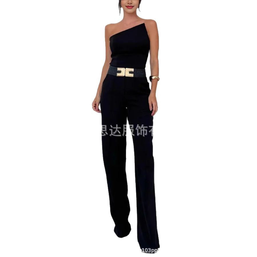 Women's Clothing High Waist Elegant Strapless Short Top High Waist Pocket Wide Leg Pants Suit Women