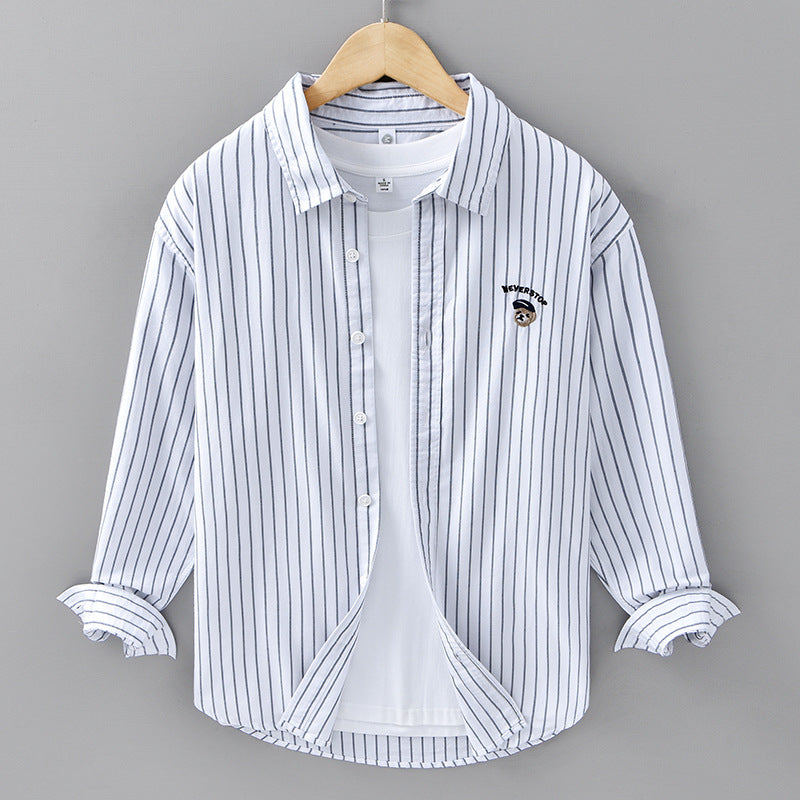 Casual Embroidered Striped Shirt Men's Clothing Simple All-match Japanese Style Spring And Autumn Cotton Long-sleeved Shirt Men's Trendy C11