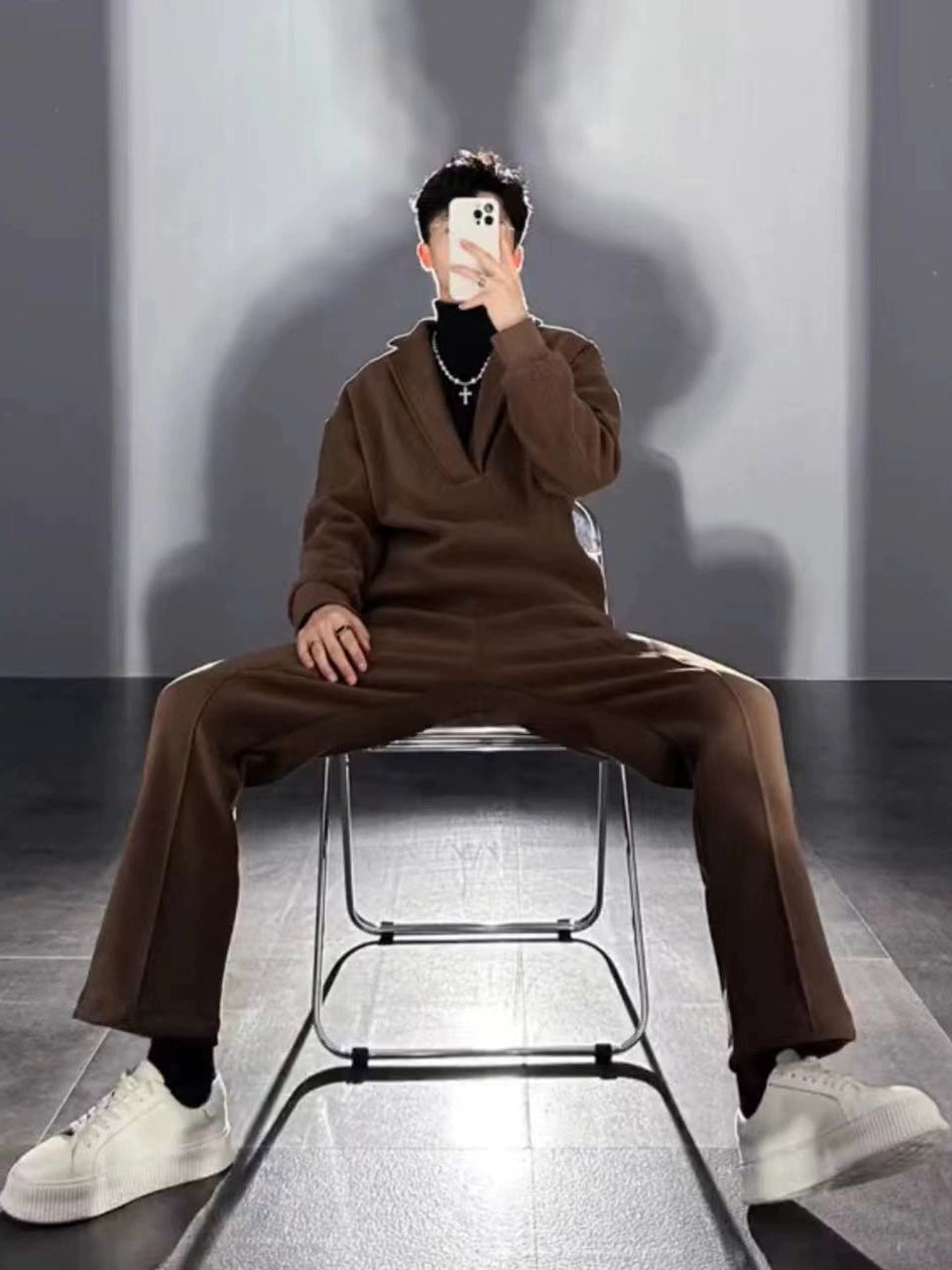 V-neck Pullover Woolen Casual Suit Men's Suit Collar Loose Solid Color Two-piece Suit Side Zipper