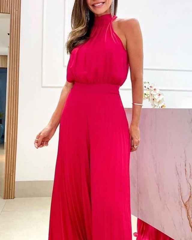 New Elegant Round Neck Solid Color Waist Loose Pleated Dress