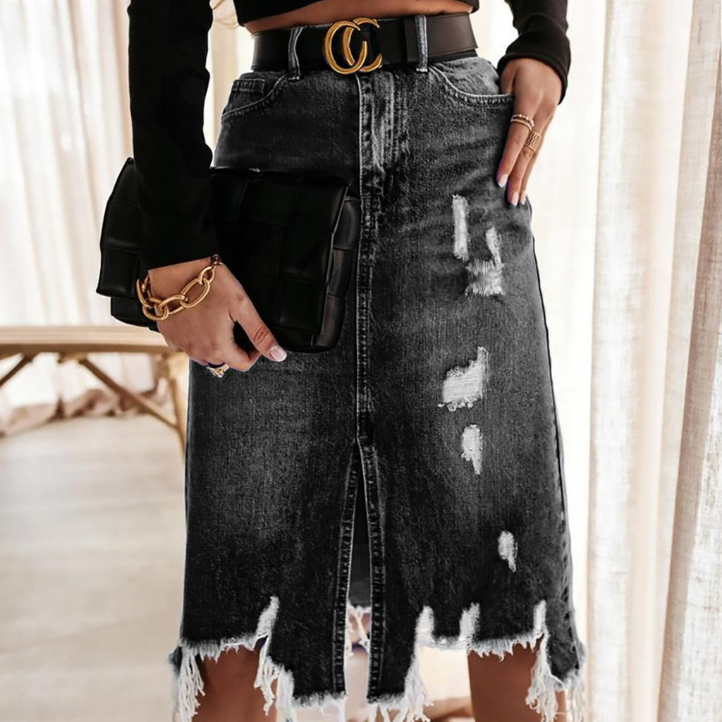 Summer New Cross-border European And American Denim Skirt Women's Elegant Washed Irregular Ripped Tassel Midi Skirt