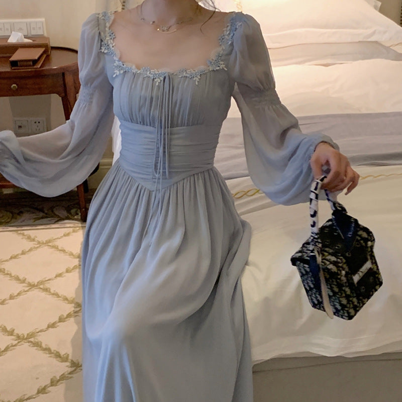 Bubble Sleeve Square Collar Large Skirt Elegant Fairy Skirt Texture High-end French Dress For Women