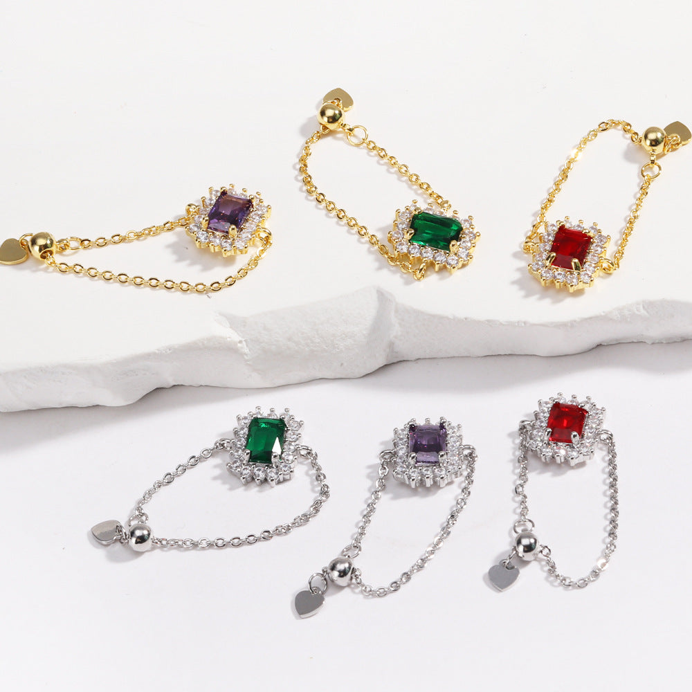 New Small Sugar Cube Copper Plated Chain Ring For Women Retractable Index Finger Ring Temperament Versatile Niche