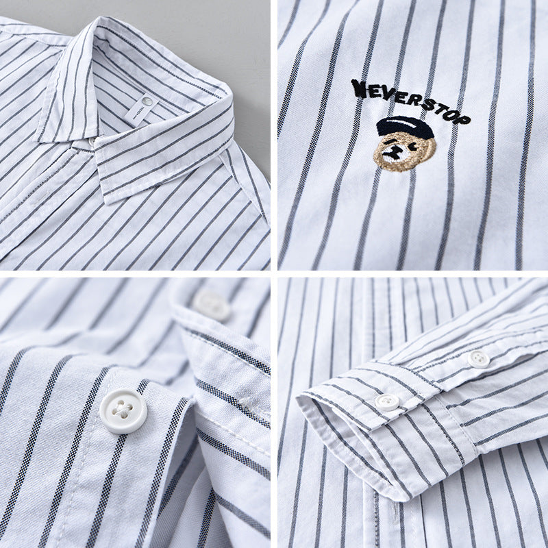 Casual Embroidered Striped Shirt Men's Clothing Simple All-match Japanese Style Spring And Autumn Cotton Long-sleeved Shirt Men's Trendy C11