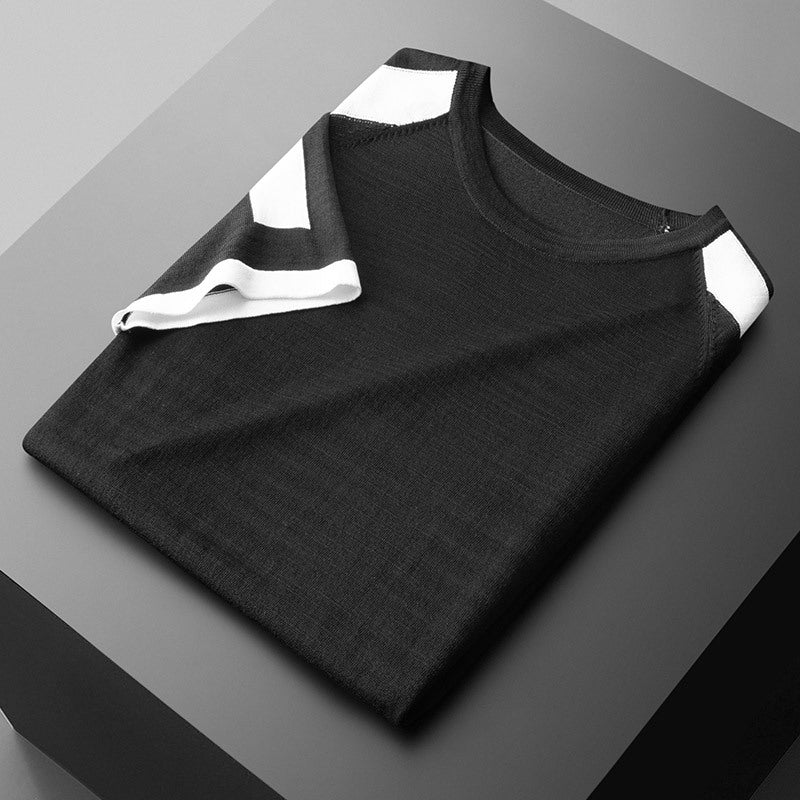Summer New Short T-shirt Casual Fashion Trendy Color-inserted Knitted Shirt Short-sleeved T-shirt Men's Round Neck Simple And Comfortable