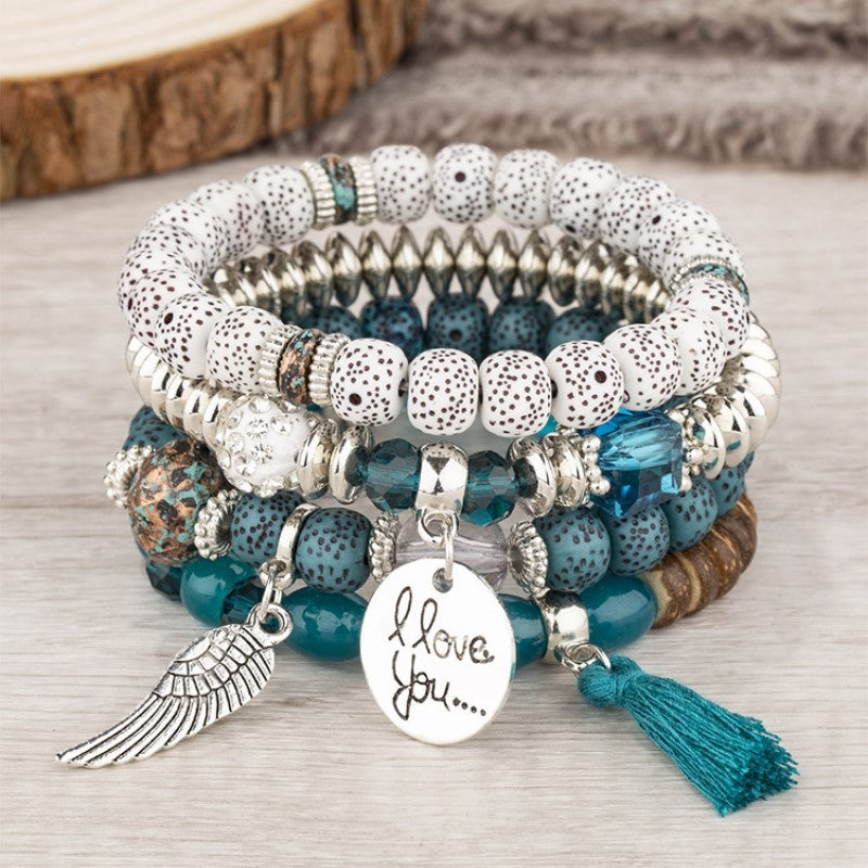 Fashion Bohemian Jewelry Female Tassel Wings I LOVE YOU Charm Tassel Multi-layer Beaded Bracelet Suit
