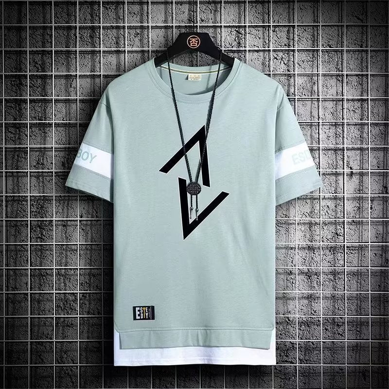 Summer Fake Two-piece Short-sleeved T-shirt Men's Youth Clothes Trendy Casual Round Neck Simple Printed Top Men's Half-sleeved T-shirt