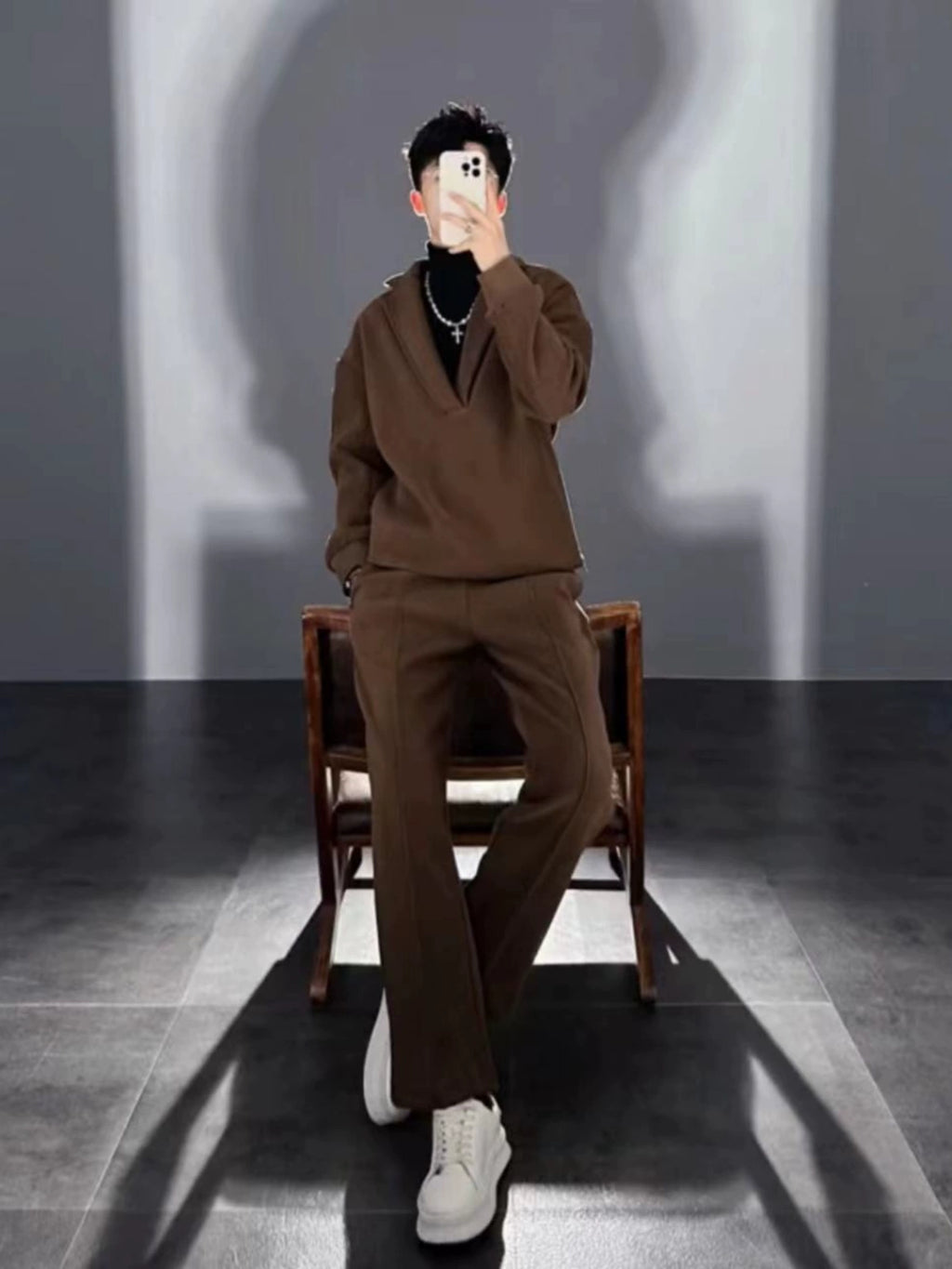 V-neck Pullover Woolen Casual Suit Men's Suit Collar Loose Solid Color Two-piece Suit Side Zipper