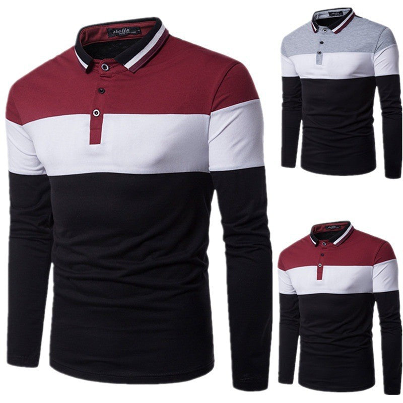 New Men's Fashionable Color Block Collar Long-sleeved T-shirt,Men's Casual Lapel Polo Shirt