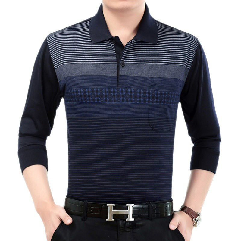 Spring And Autumn Men&amp;amp;#039;s Long-sleeved T-shirt Polo Shirt Striped Loose