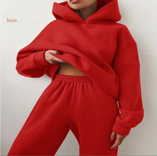 Fashion Leisure Hooded Sweater Two-piece Long Sleeve Solid Color Fleece Shrink Foot Casual Suit