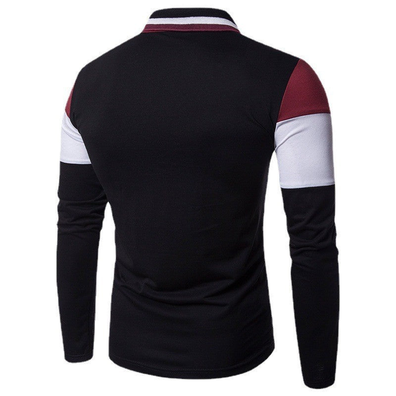 New Men's Fashionable Color Block Collar Long-sleeved T-shirt,Men's Casual Lapel Polo Shirt