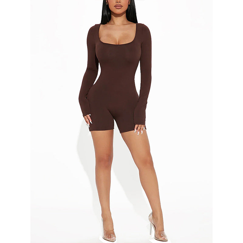 Women's Fashion Square Collar Long Sleeve Sexy Slim Hip-lifting Pants