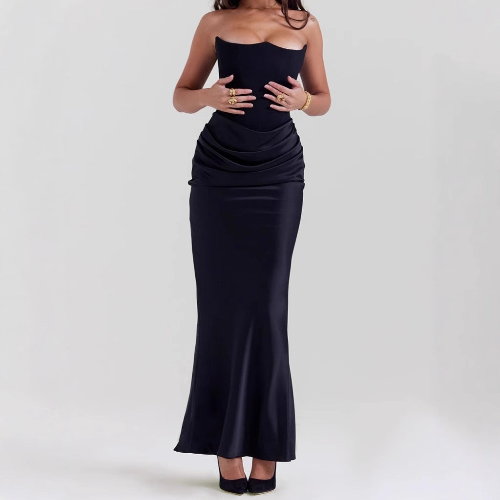 New Waist Hip Dress Satin Tube Pleated Stitching Dress