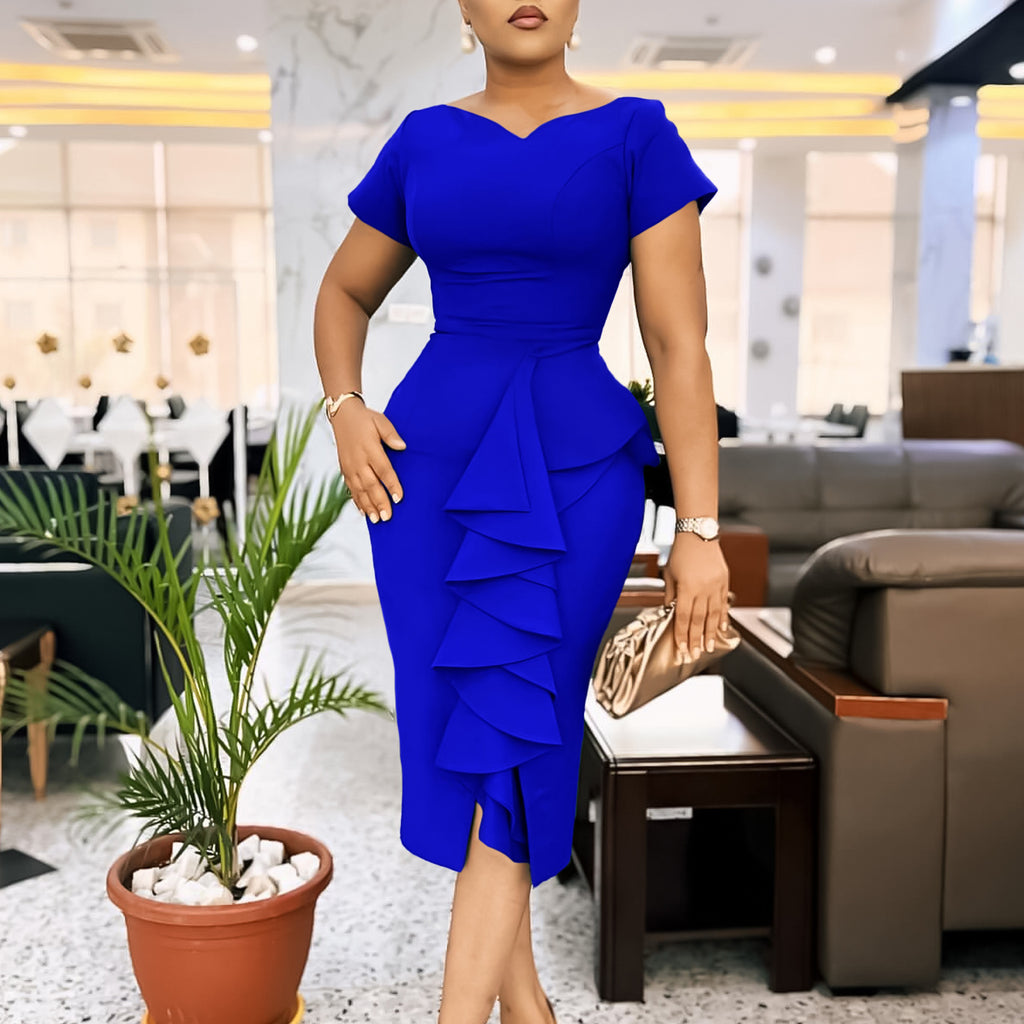 Women's New Short-sleeved Solid Color Package Hip Ruffled High Waist Tongle African Dress