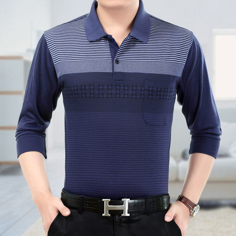 Spring And Autumn Men&amp;amp;#039;s Long-sleeved T-shirt Polo Shirt Striped Loose