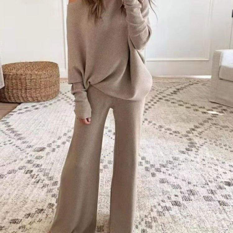 Women's Spring And Autumn Casual Solid Color Off-shoulder Women's Knitted Suit