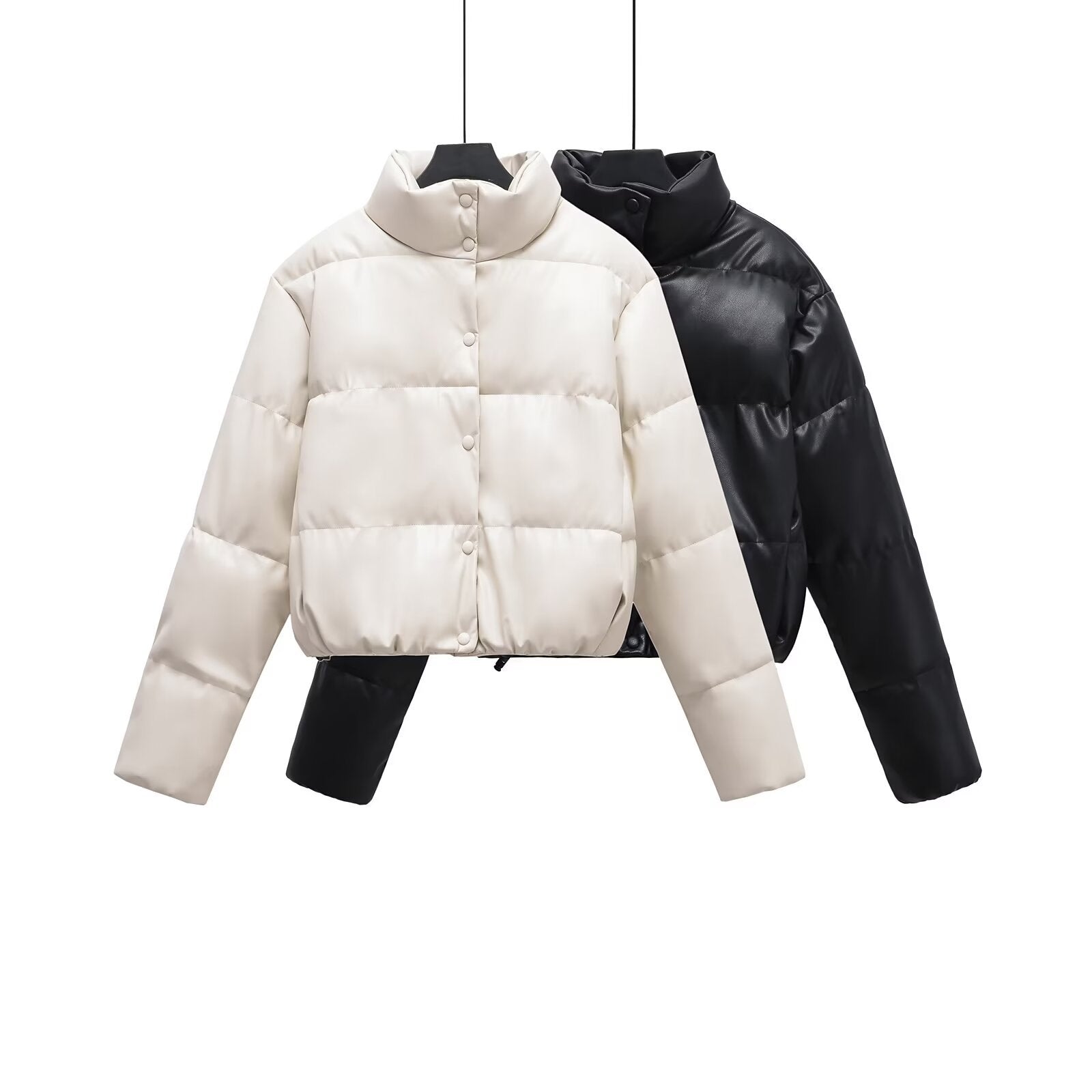 PU Leather Surface Down Cotton-padded Coat For Women