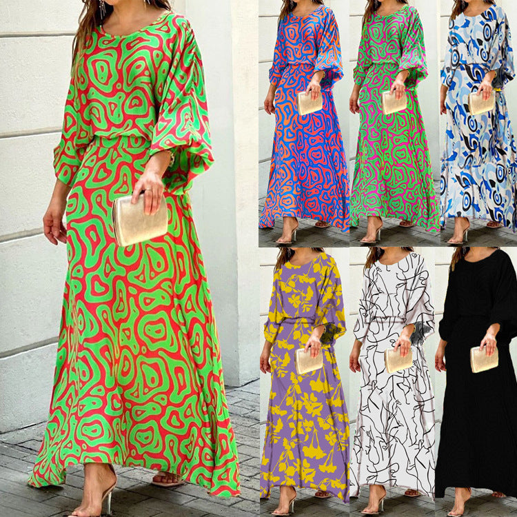 Women's Summer New Loose Large Size Printed Long-sleeved Top High Waist Half-length Dress Suit