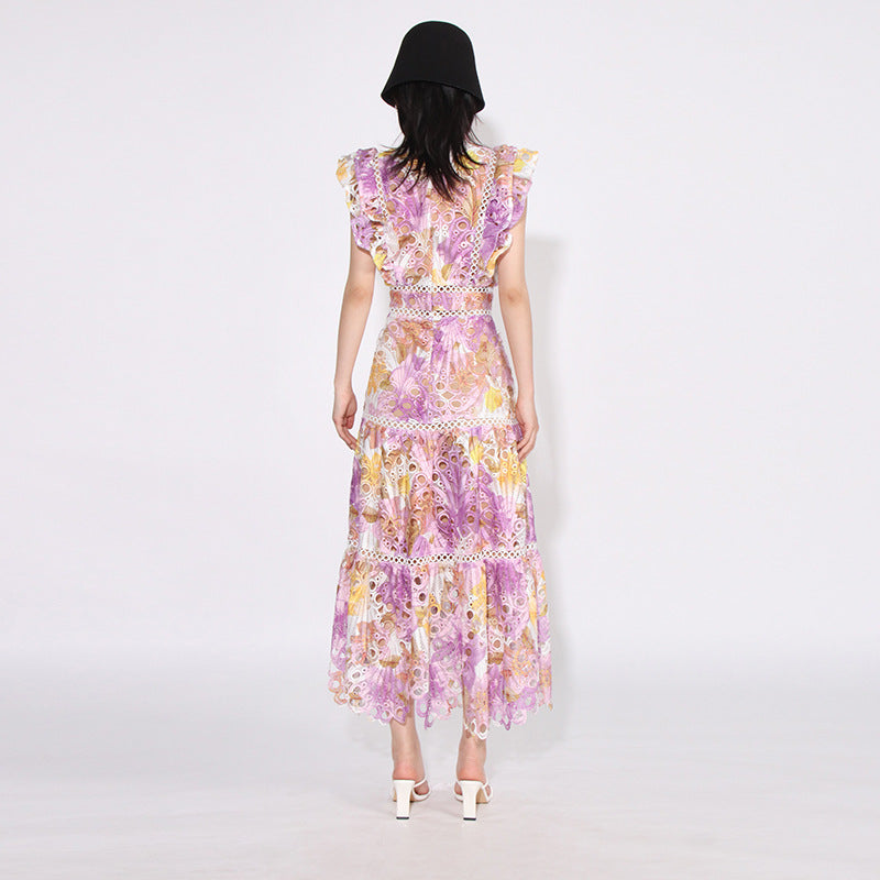 Elegant Elegant French Style Long Dress New Style Women's Lace Sleeveless Hollow Embroidered Gouhua Dress