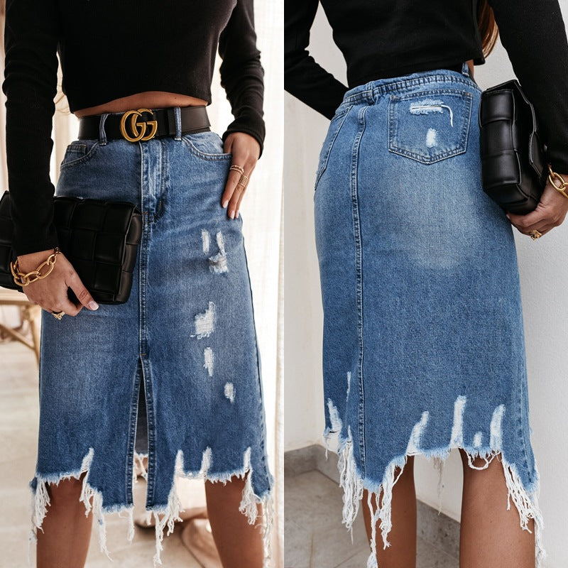 Summer New Cross-border European And American Denim Skirt Women's Elegant Washed Irregular Ripped Tassel Midi Skirt