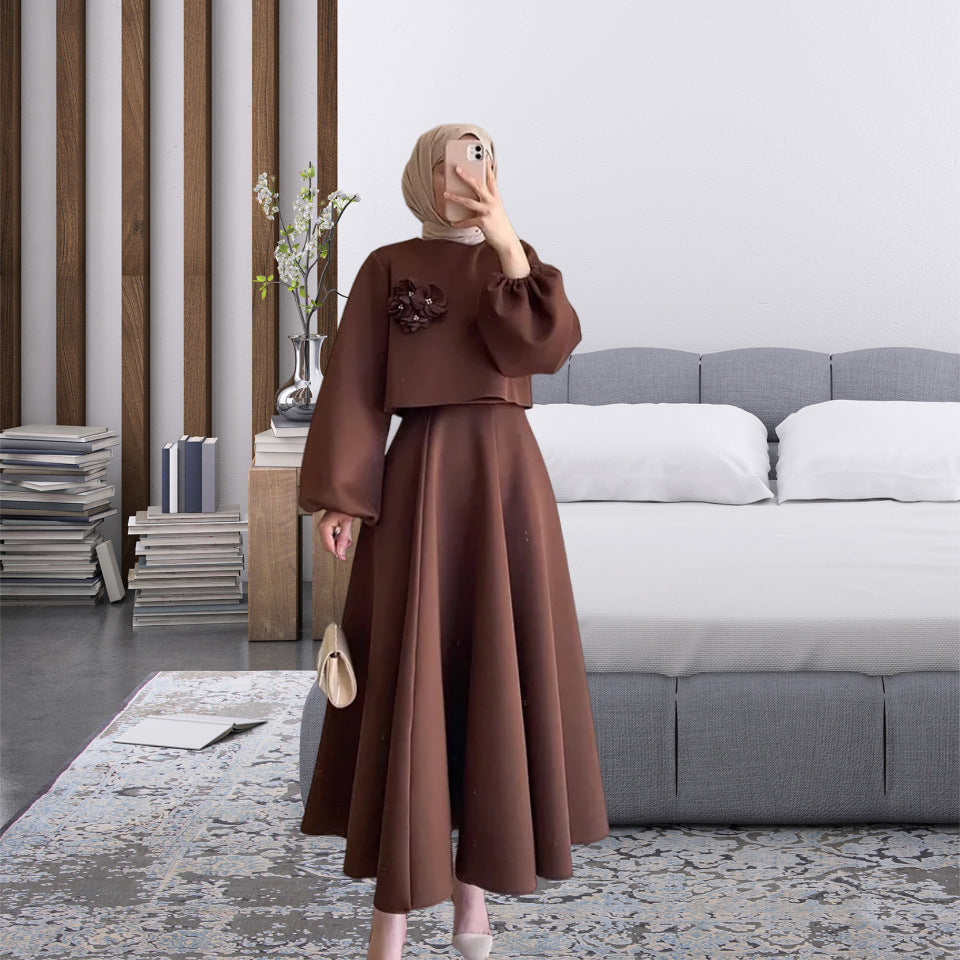 Spring New Middle East Dubai Flower Design Lantern Sleeve Dress Women's Dress Suit Two-piece Set