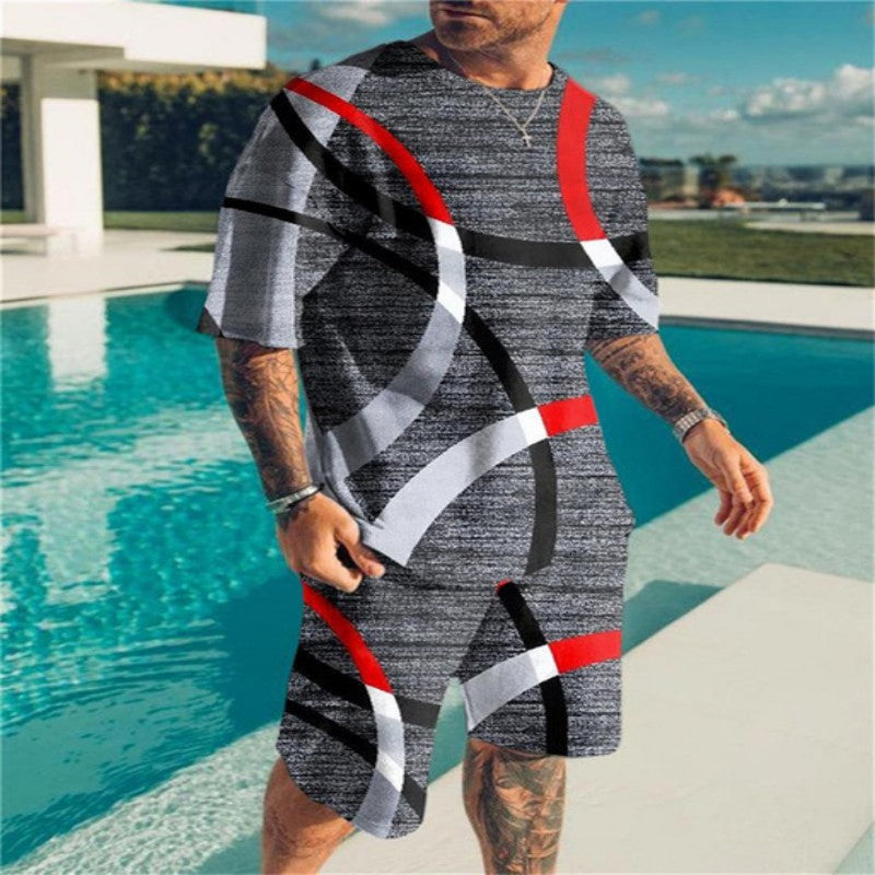 2023 Summer Amazon Cross-border Geometry Digital Printing 3D Men's Casual Beach Pants T-shirt Shorts Set