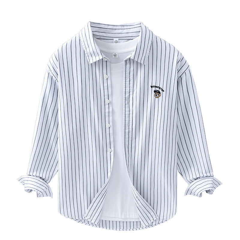 Casual Embroidered Striped Shirt Men's Clothing Simple All-match Japanese Style Spring And Autumn Cotton Long-sleeved Shirt Men's Trendy C11