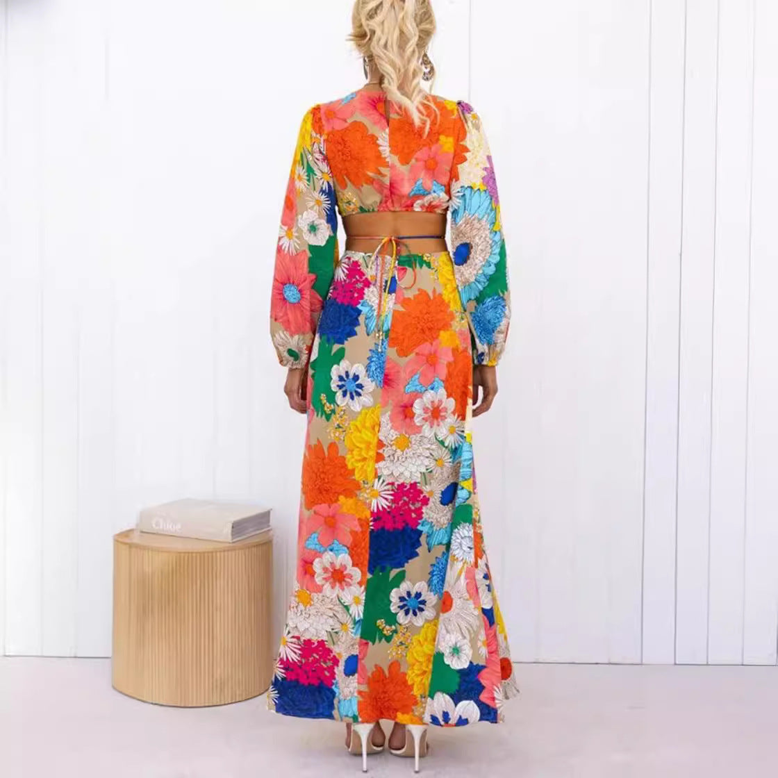 Autumn New Long Sleeve Dopamine Print Lace-up Waist Holiday Street Fashion Dress For Women