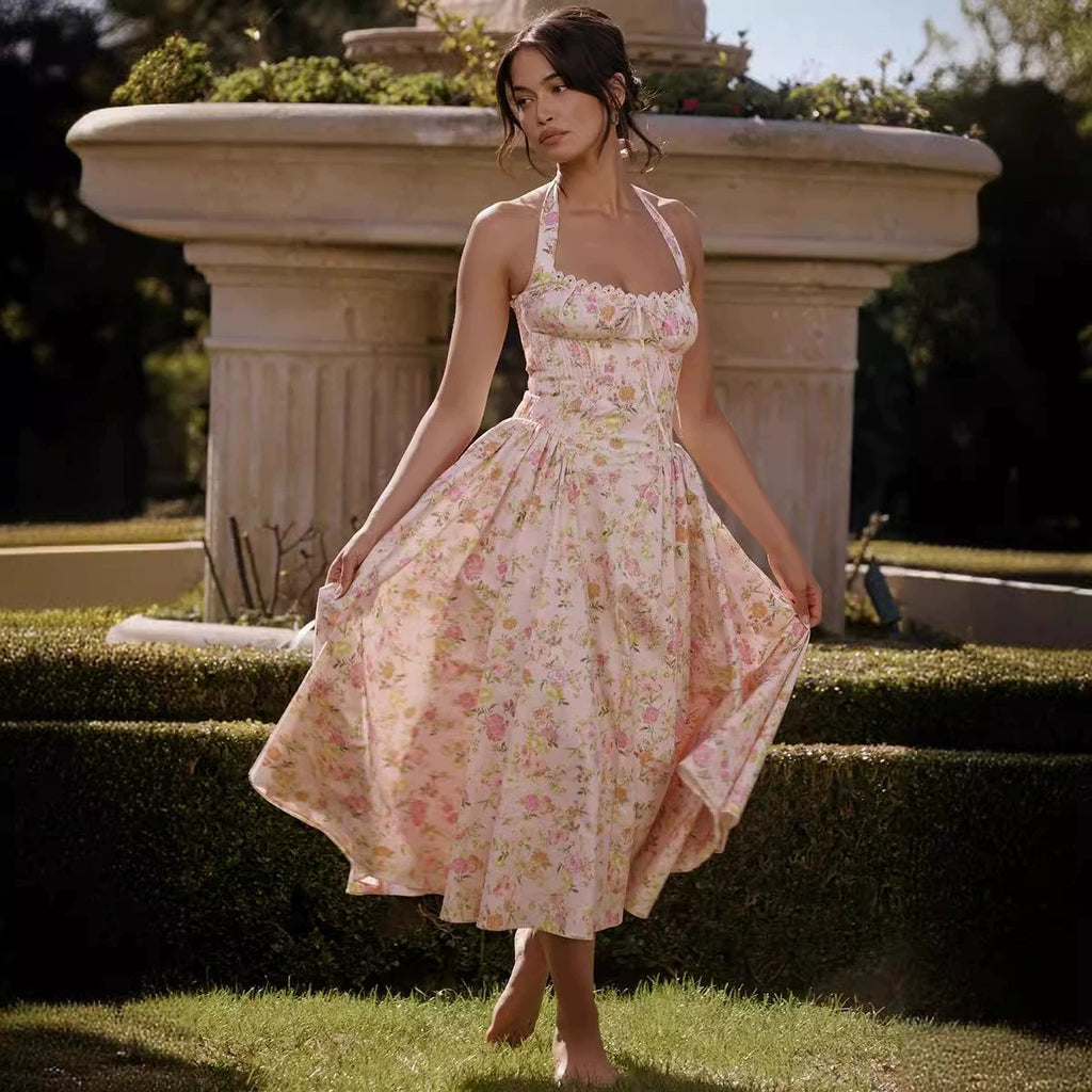 Women's Sexy Neck Floral Dress Long Dress Slim-fit Vacation Dress Women