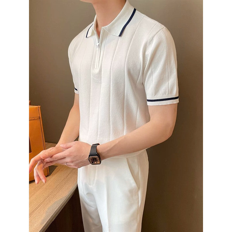 Short-Sleeved Lapel Casual Knitwear, Simple Small Fragrant Style Concave And Convex Stripesd Half-Zip Trendy Men's Polo Shirt